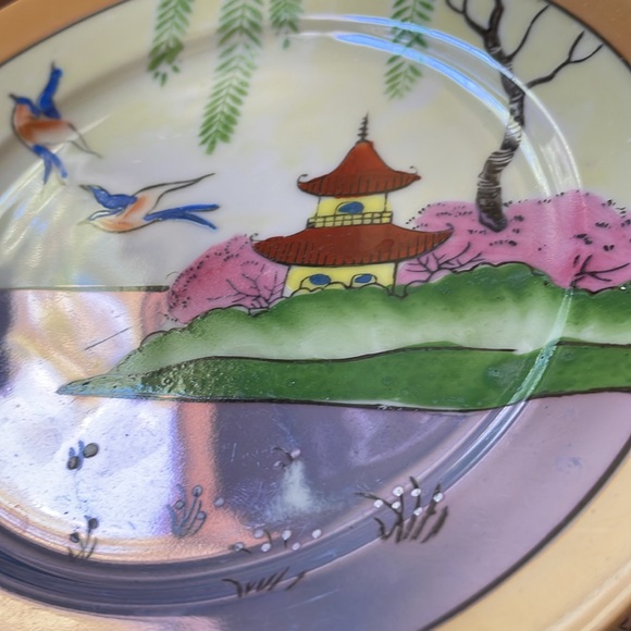VTG set of 2 lusterware porcelain Japan plates pagoda birds scene - Picture 8 of 10